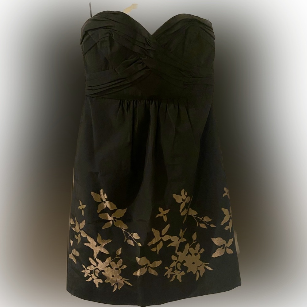 Tibi Strapless Black & Gold Leaf Floral Dress - Size: 2